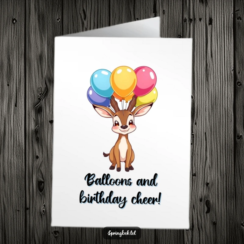 Funny Free Printable Birthday Card featuring a proud springbok character balancing several colorful balloons perfectly on its nose.