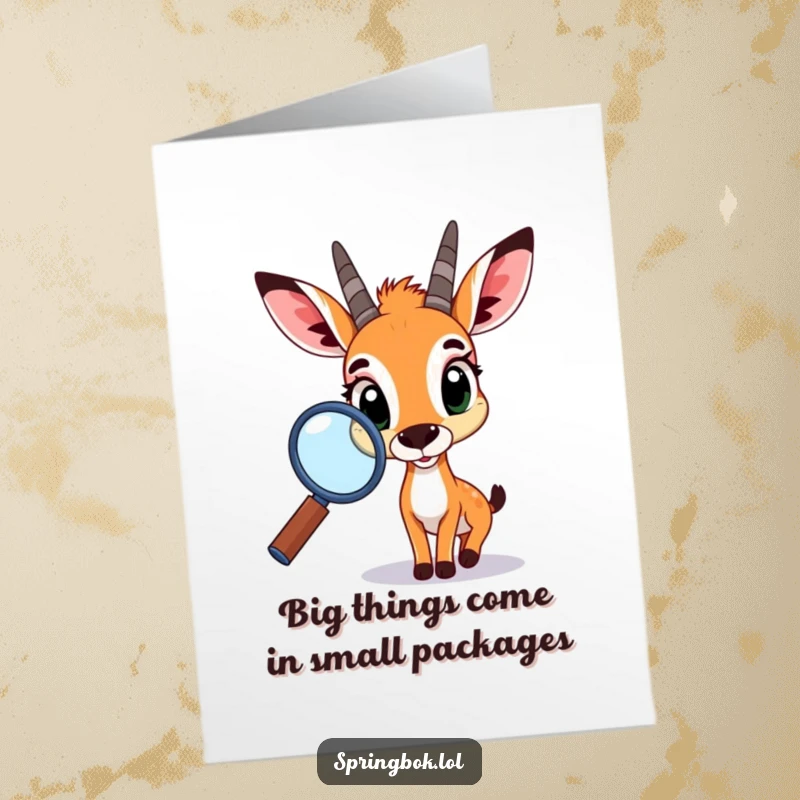 Funny Free Printable Birthday Card with a curious springbok peering through a magnifying glass, seeking joy and laughs.