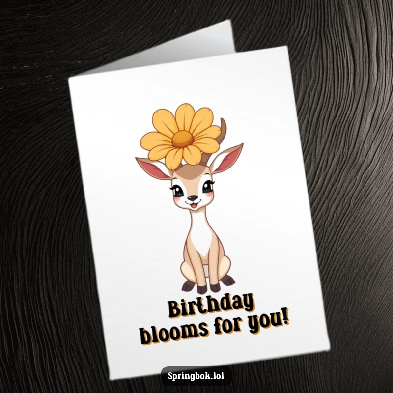 Funny Free Printable Birthday Card: A happy antelope balances a large, vibrant flower on its head, radiating pure joy.