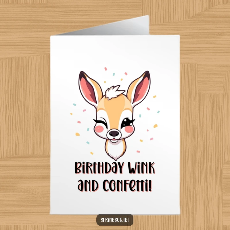 Funny Free Printable Birthday Card: A springbok winks playfully as confetti falls. Cheeky, celebratory, downloadable, print-at-home greeting.