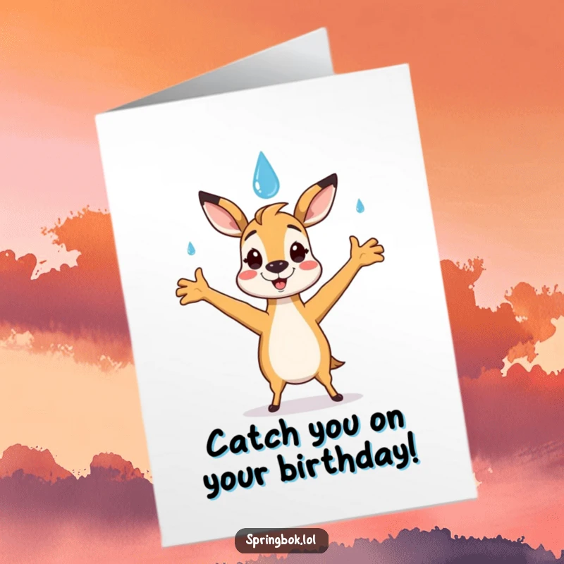 Funny Free Printable Birthday Card: A springbok character embracing a falling, smiling raindrop with open arms.