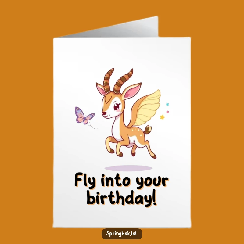 Free Printable Birthday Card: Winged Springbok Butterfly Chase for a Funny Downloadable Gift!