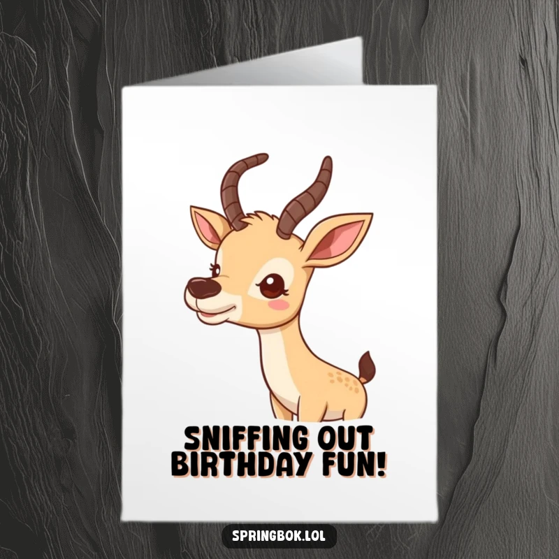 Funny Free Printable Birthday Card: A cute antelope wiggles its nose with a curious and sweet expression, perfect for birthdays.