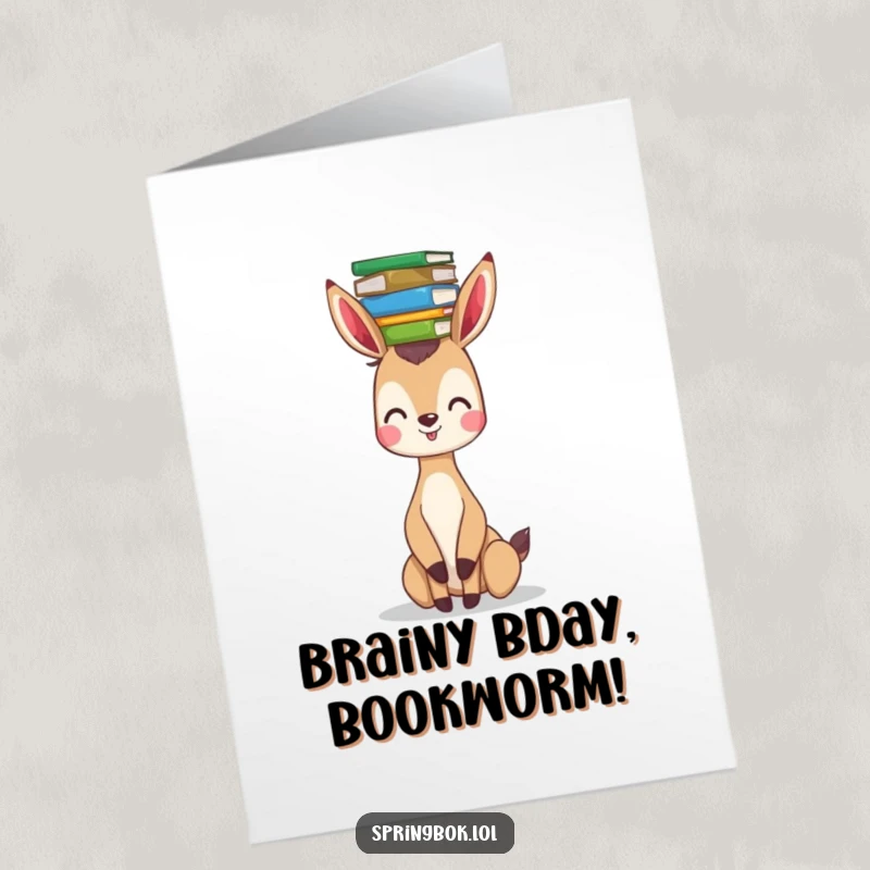Funny Free Printable Birthday Card: Springbok balancing colorful books on head, ready for a laugh. Downloadable celebration.