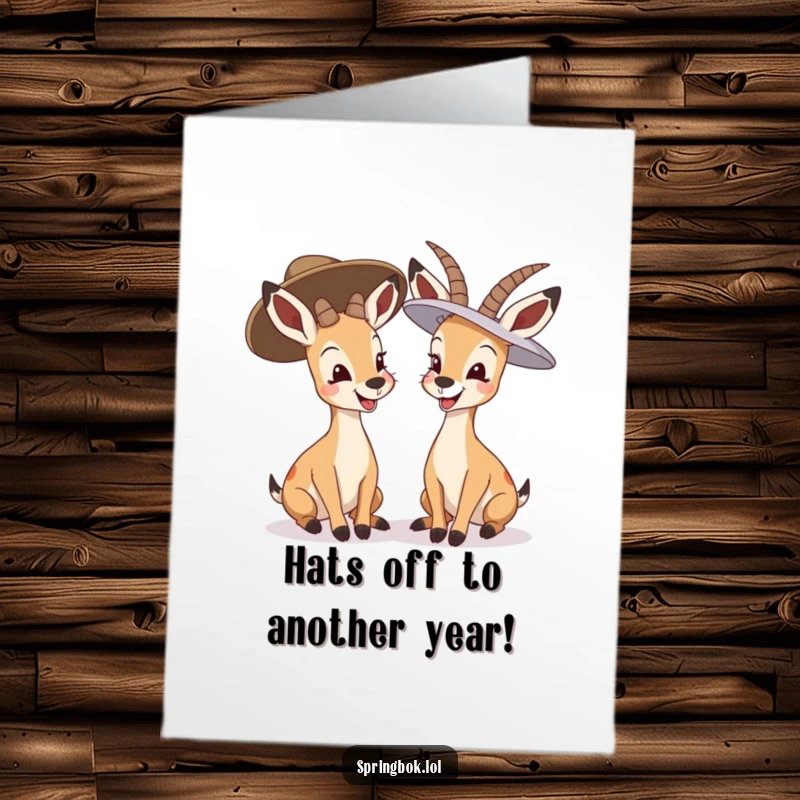 Funny Free Printable Birthday Card: Two springboks giggling heartily while sporting comically large, stylish hats.