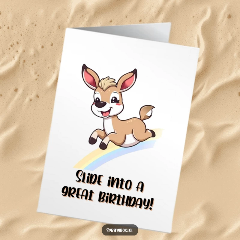 Funny Free Printable Birthday Card: A springbok gleefully slides down a vibrant rainbow with a huge smile.