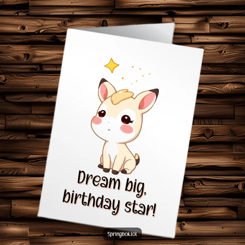 Funny Free Printable Birthday Card: A springbok character with rosy cheeks looking up in wonder at a vast starry sky.