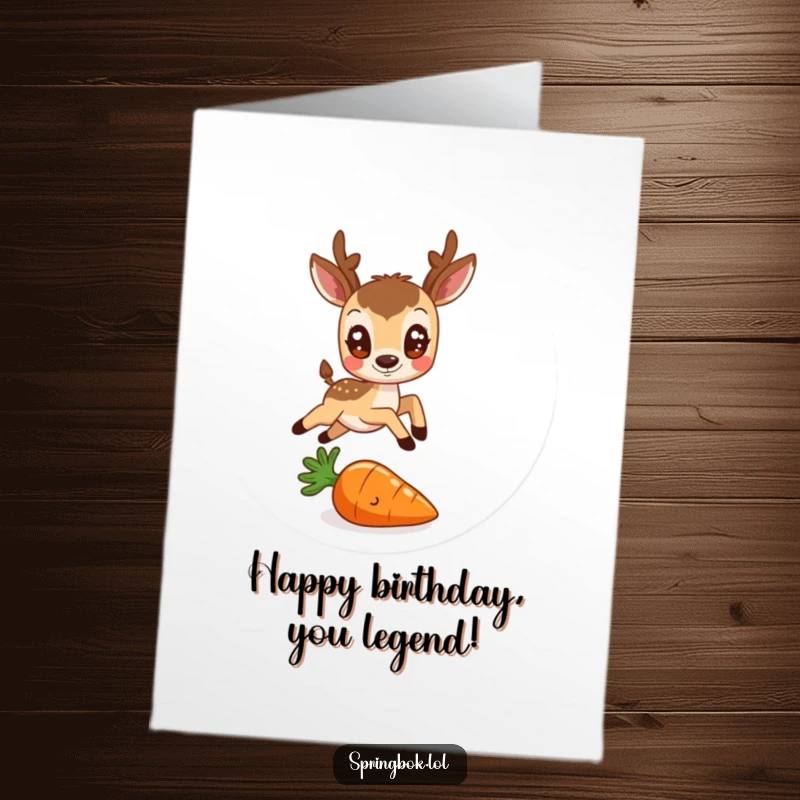 Funny Free Printable Birthday Card: A round, friendly antelope joyfully leaps over a tiny, cheerful carrot.