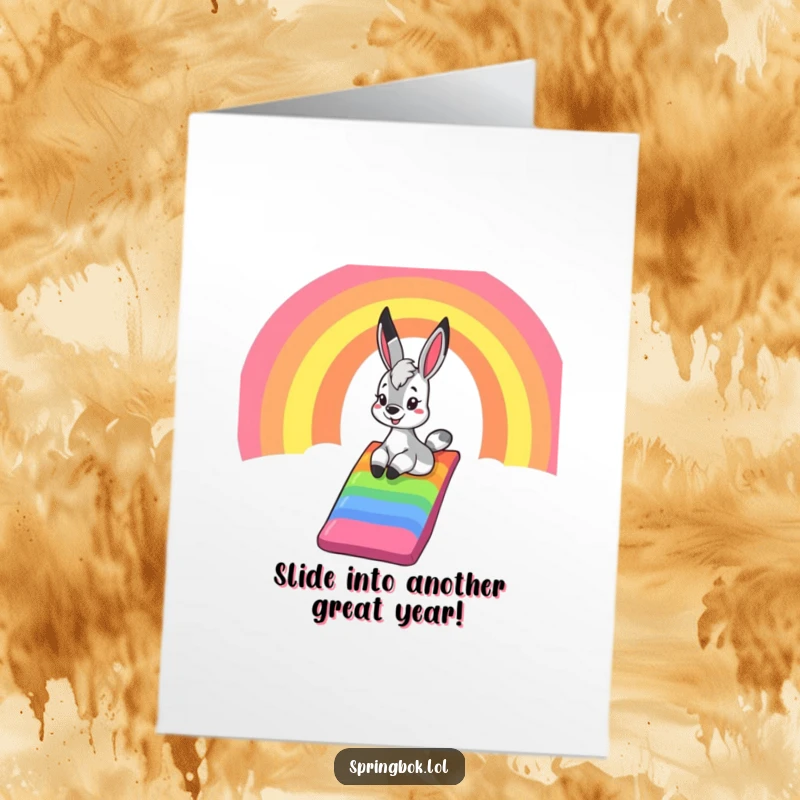Funny Free Printable Birthday Card: a springbok gleefully sliding down a vibrant rainbow chute, spreading birthday cheer.