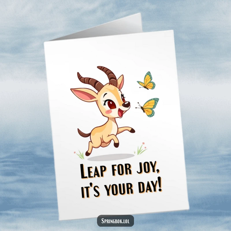Funny Free Printable Birthday Card: Cute springbok leaping with glee after a colorful butterfly, a fun DIY gift.