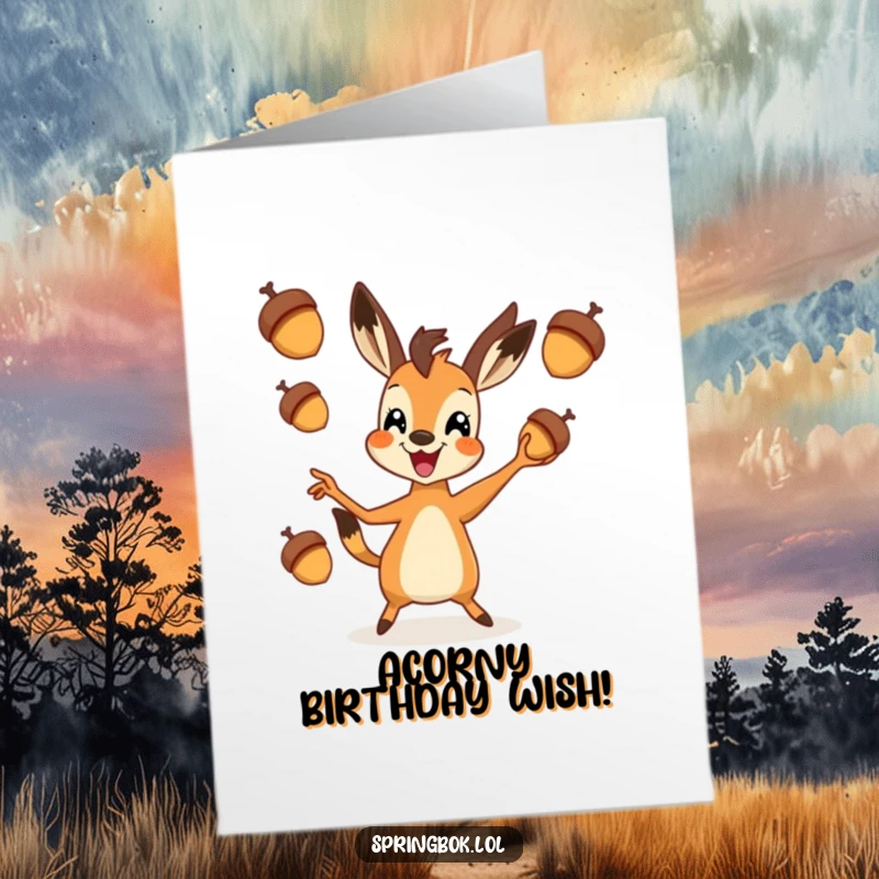 Funny Free Printable Birthday Card: Excited Springbok joyfully juggling acorns, a unique downloadable design.