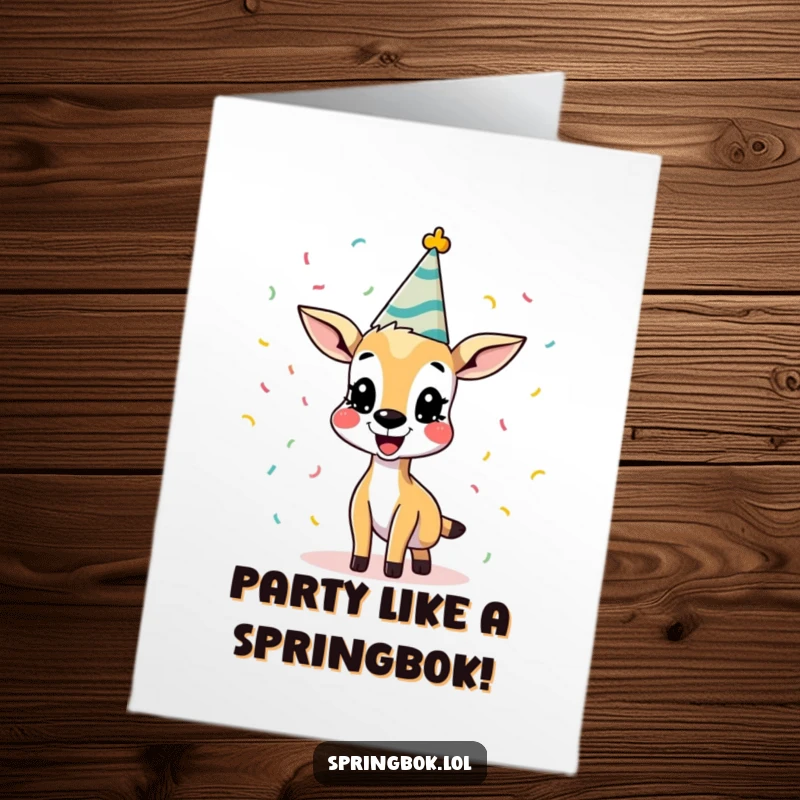 Funny Free Printable Birthday Card: A smiling springbok in a party hat showering confetti, ready to celebrate.