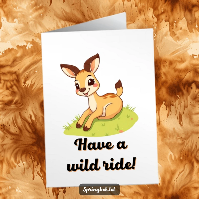 Funny Free Printable Springbok Birthday Card with a silly grin, joyfully sliding down a grassy hill, embodying carefree fun.