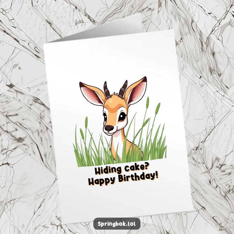 Funny Free Printable Birthday Card: Springbok peeking curiously from behind tall grass, offering a sweet and silly birthday greeting. Downloadable card.