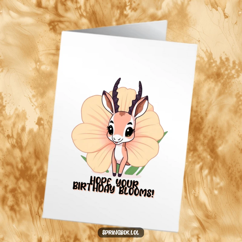 Funny Free Printable Birthday Card: Curious springbok peeking out from behind a huge flower, ready to wish happy birthday. Downloadable.