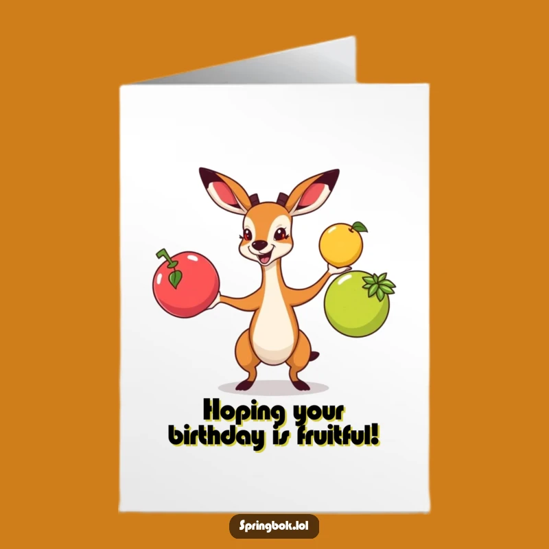 Free Printable Birthday Card: Juggling Springbok - Fun Fruit Fiesta Downloadable Gift