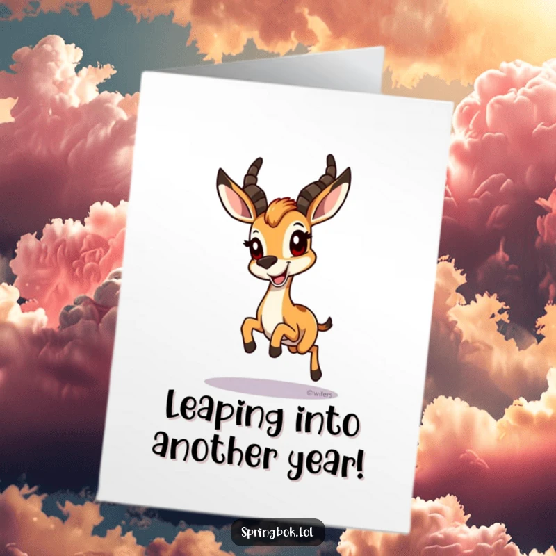 Funny Free Printable Birthday Card: A springbok does a joyful little hop with a huge, excited grin.