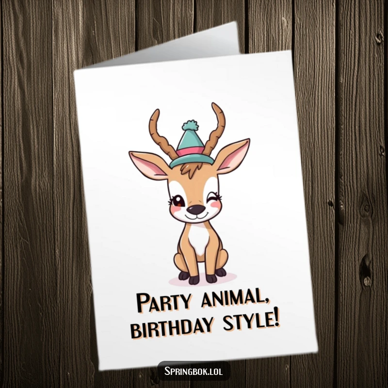 Funny Free Printable Birthday Card: Witty antelope wearing a silly hat winks, cheerful greeting.