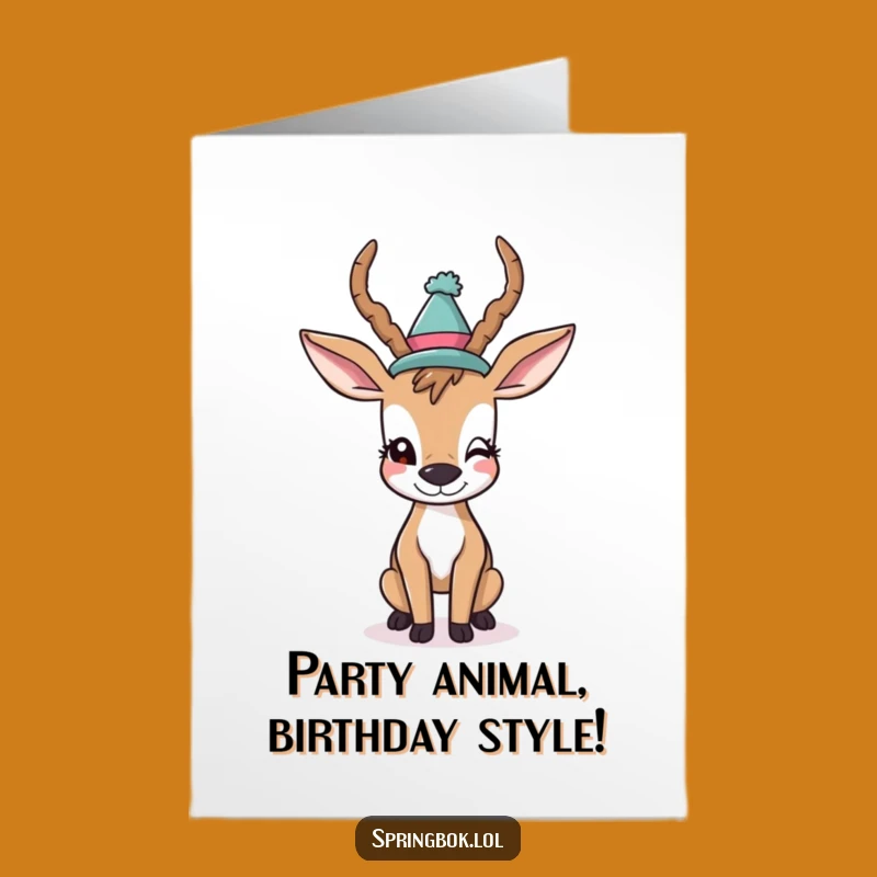 Free Printable Birthday Card: Winking Antelope in Silly Hat