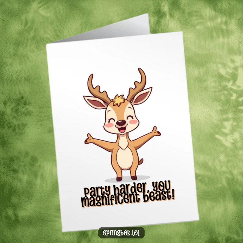Funny Free Printable Birthday Card: Antelope striking a wildly joyful and silly pose with arms outstretched.