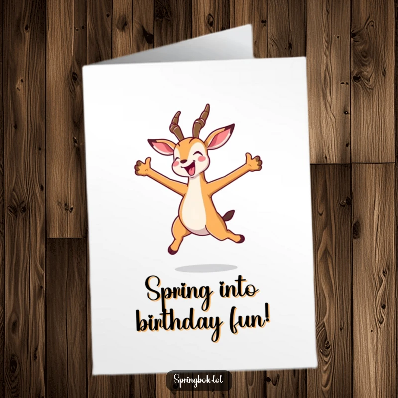 Funny Free Printable Kawaii Springbok Birthday Card in a joyful jump with arms wide, expressing pure celebratory bliss.