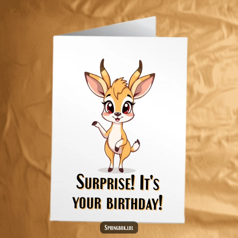 Funny Free Printable Birthday Card: A springbok is caught mid-surprise with one leg elegantly raised.
