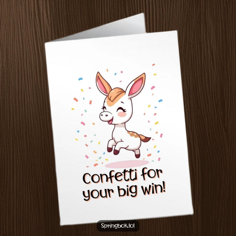 Funny Free Printable Congratulations Card: A Kawaii springbok trips happily, showering colorful confetti in celebration.