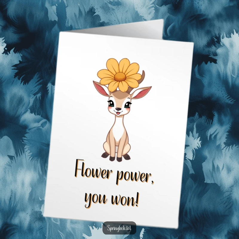 Funny Free Printable Congrats Card: Happy antelope proudly balances a large flower on its head, a symbol of joy and success.