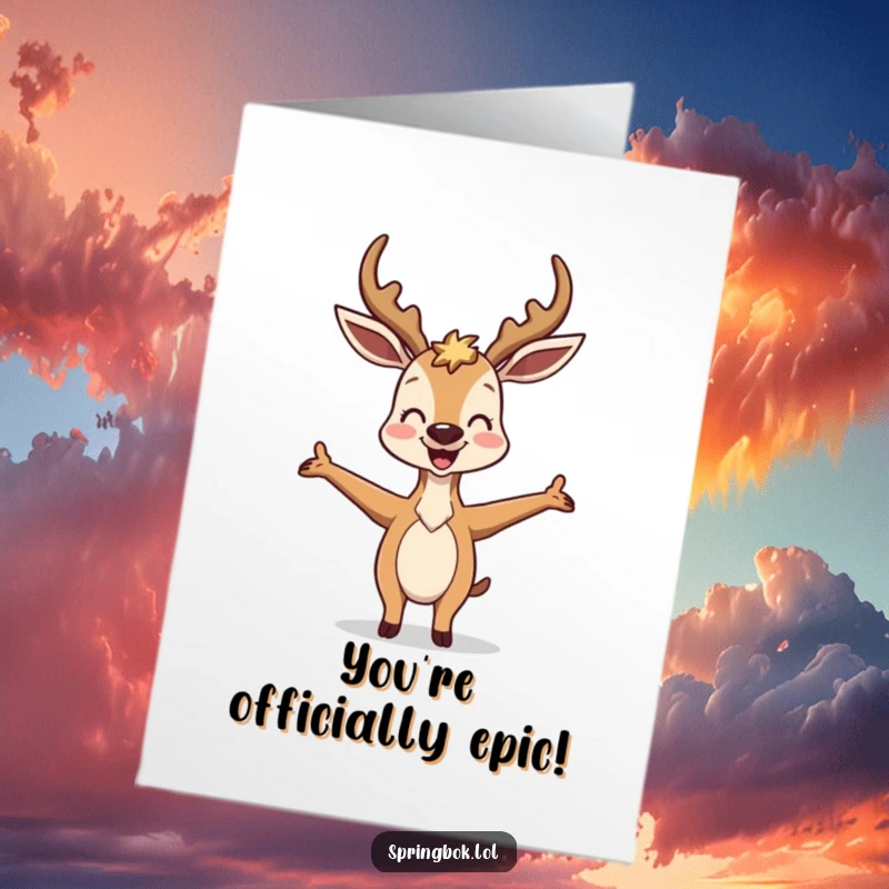 Funny Free Printable Congratulations Card: Antelope in a jubilant, silly pose with arms wide open in celebration.