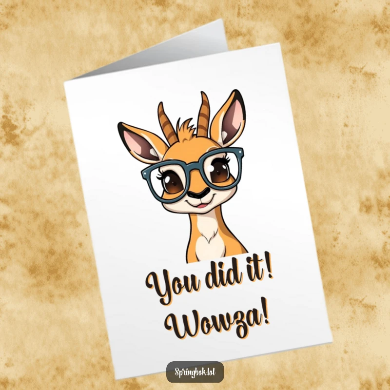 Funny Free Printable Congrats Card: Springbok wearing oversized glasses, baffled expression. A unique downloadable congratulations greeting.