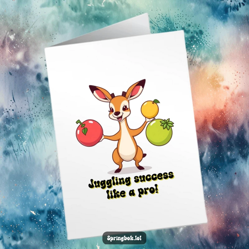 Free Printable Congratulations Card: A springbok skillfully juggling three bright fruits with great enthusiasm, celebrating their grand success.