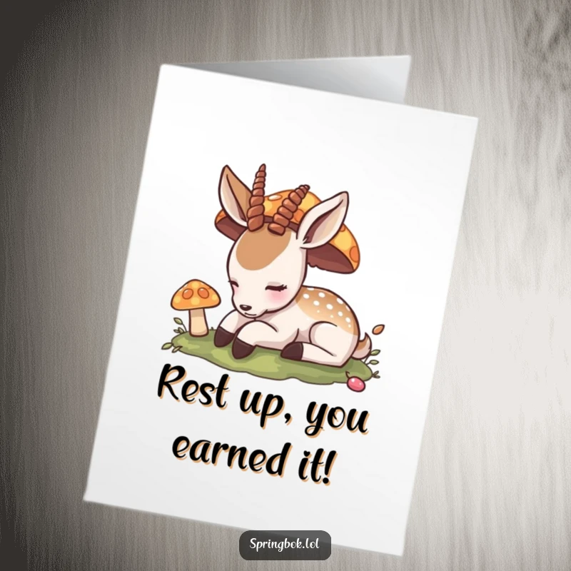 Funny Free Printable Congratulations Card: Content antelope naps under a mushroom, perfect for relaxed celebrations.