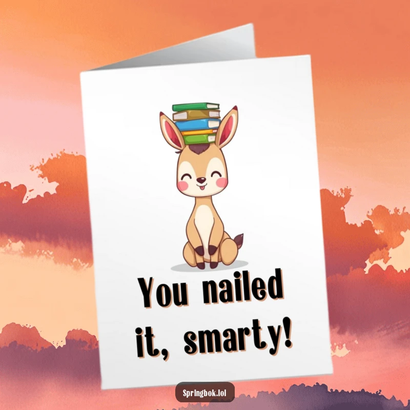 Funny Free Printable Congratulations Card: Springbok balancing a tall stack of books, symbolizing achievement. Downloadable and cheerful.