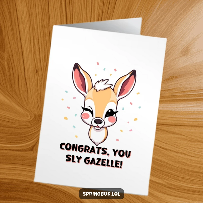 Funny Free Printable Congratulations Card: Springbok winks playfully amidst falling confetti. Humorous, successful, downloadable, print-at-home.
