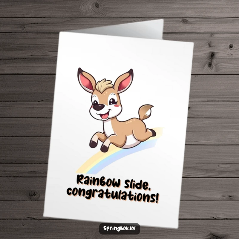 Funny Free Printable Congratulations Card: A springbok grins widely as it slides down a colorful rainbow, symbolizing success.