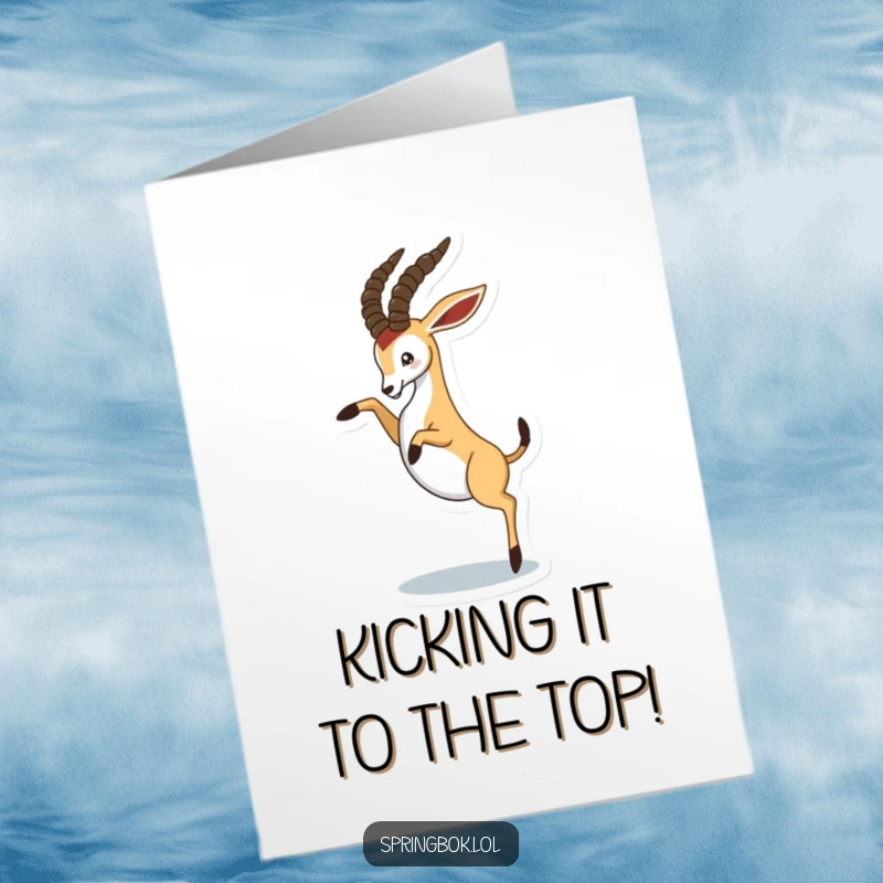 Funny Free Printable Congratulations Card: A springbok gleefully kicks its hind legs in the air, celebrating a big win.