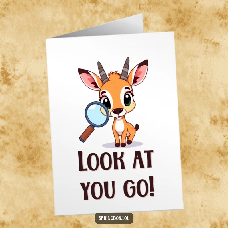 Funny Free Printable Congratulations Card: a curious springbok using a magnifying glass to find reasons to celebrate.