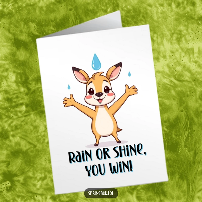 Funny Free Printable Congratulations Card: A springbok character catching a falling, smiling raindrop, symbolizing a moment of joy and achievement.