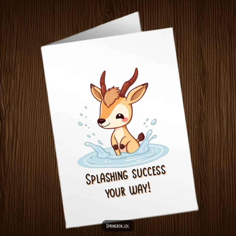 Funny Free Printable Congratulations Card: A springbok character splashing playfully in a puddle, celebrating with exuberant water splashes.