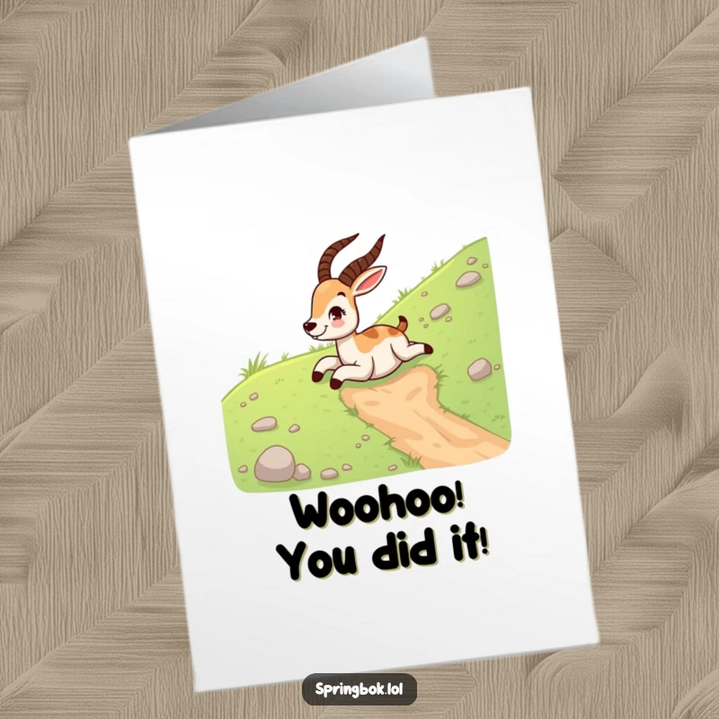 Funny Free Printable Congratulations Card: Springbok belly-sliding down a hill with a huge grin, celebrating success. Downloadable.