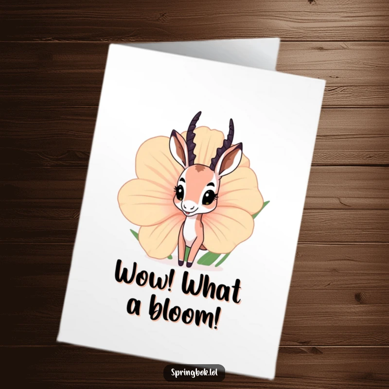 Funny Free Printable Congratulations Card: Springbok peeking shyly from behind an enormous flower, a sweet congratulatory surprise. Downloadable.