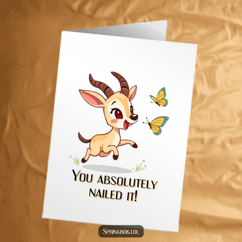 Funny Free Printable Congratulations Card: Energetic springbok chasing a butterfly, conveying pure excitement, a perfect DIY gift.