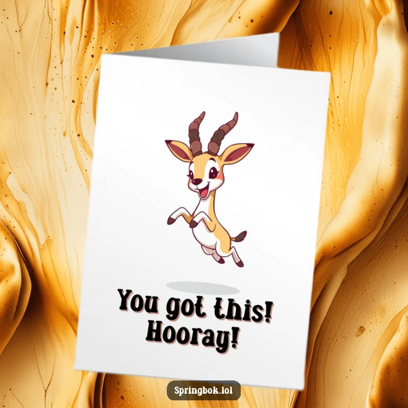 Funny Free Printable Congratulations Card: A springbok leaps high in celebration, its ears comically flopped forward in excitement.
