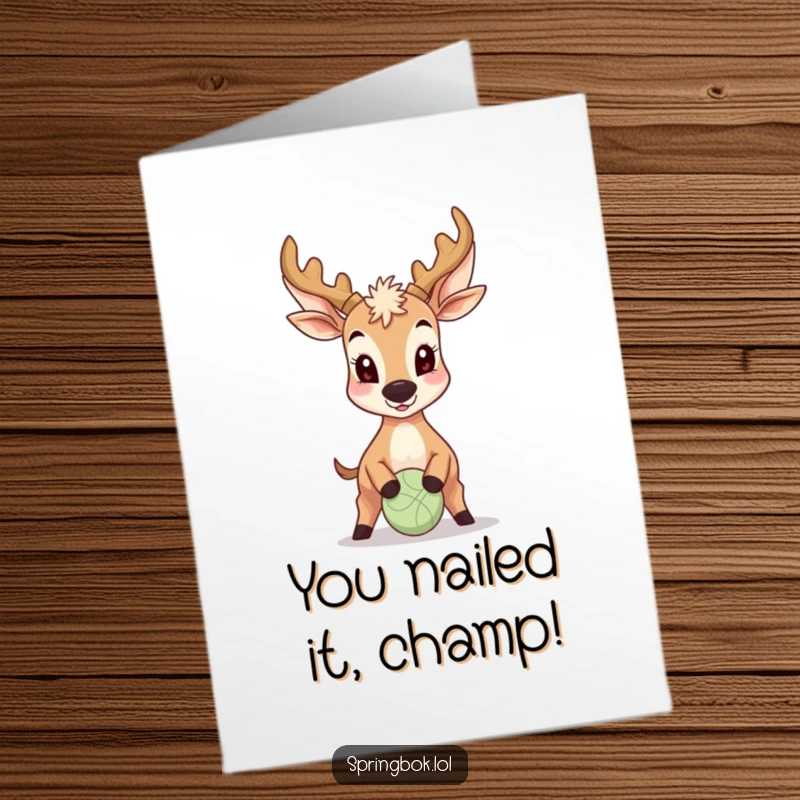 Funny Free Printable Congratulations Card: Antelope celebrating success by bouncing a ball with its nose, pure joy.