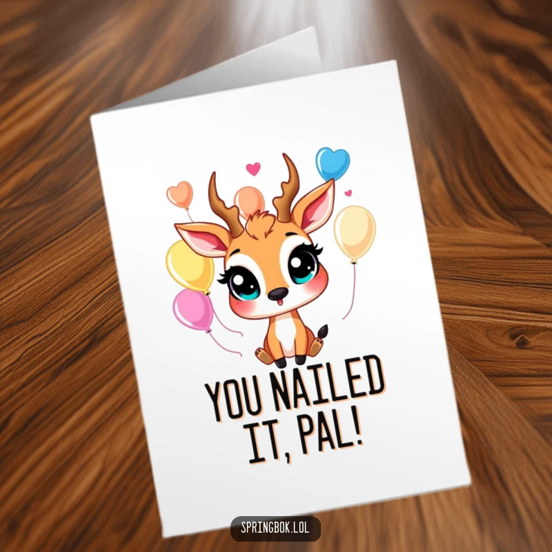 Funny Free Printable Springbok Congrats Card juggling balloons, celebrating success with a cheerful and dynamic presentation.