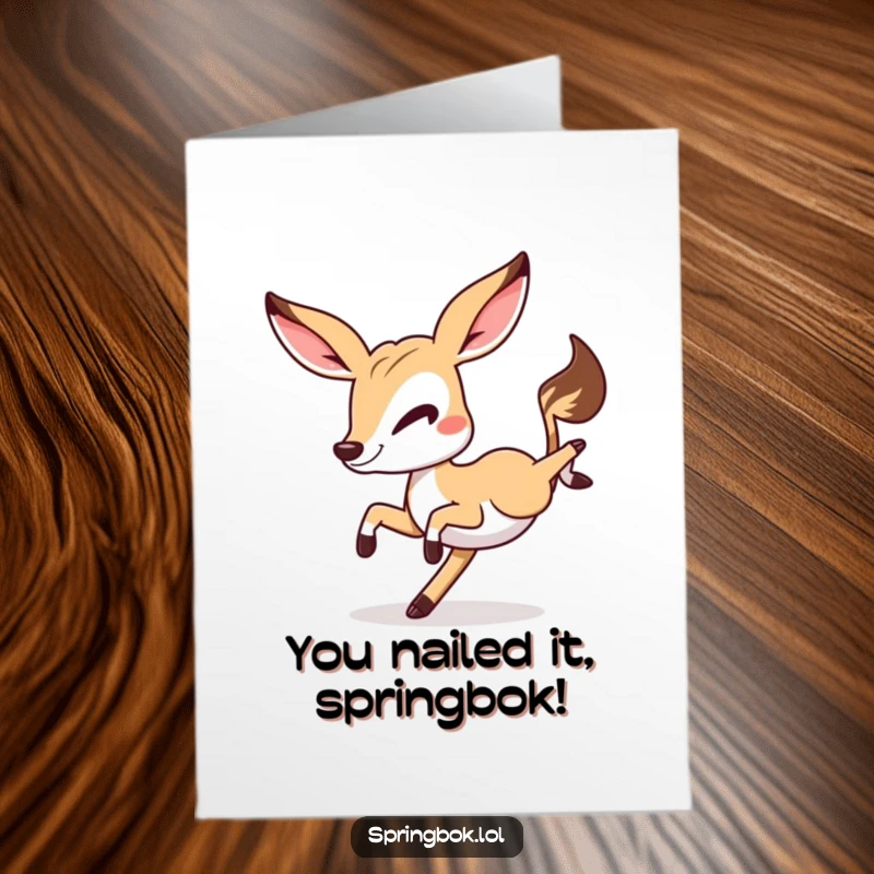 Funny Free Printable Congrats Card: A springbok energetically cartwheeling with a mischievous wink for your celebration.