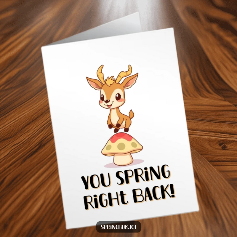 Funny Free Printable Congratulations Card: A springbok with a goofy grin bounces on a mushroom, celebrating a win.
