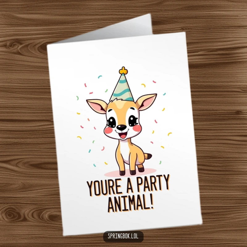 Funny Free Printable Congratulations Card: A springbok in a party hat joyfully throwing confetti, celebrating success.