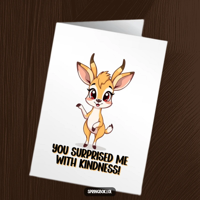 Funny Free Printable Thank You Card: A springbok looks comically surprised with one leg lifted in the air.