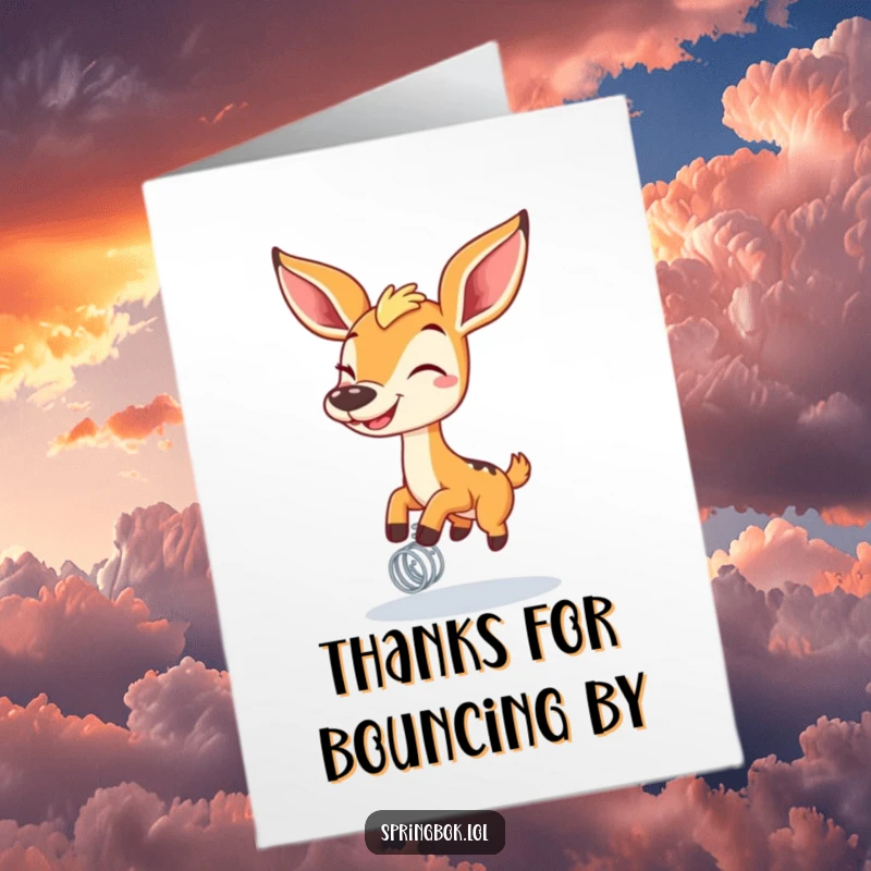 Funny Free Printable Thank You Card of a springbok with a huge grin, bouncing happily on a spring, conveying thanks.